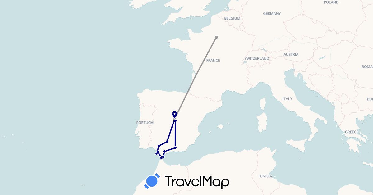 TravelMap itinerary: driving, plane in Spain, France, Gibraltar (Europe)