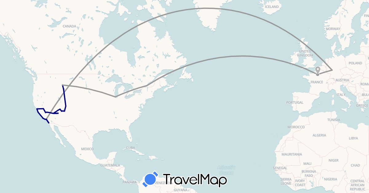 TravelMap itinerary: driving, plane in Canada, Germany, France, United States (Europe, North America)